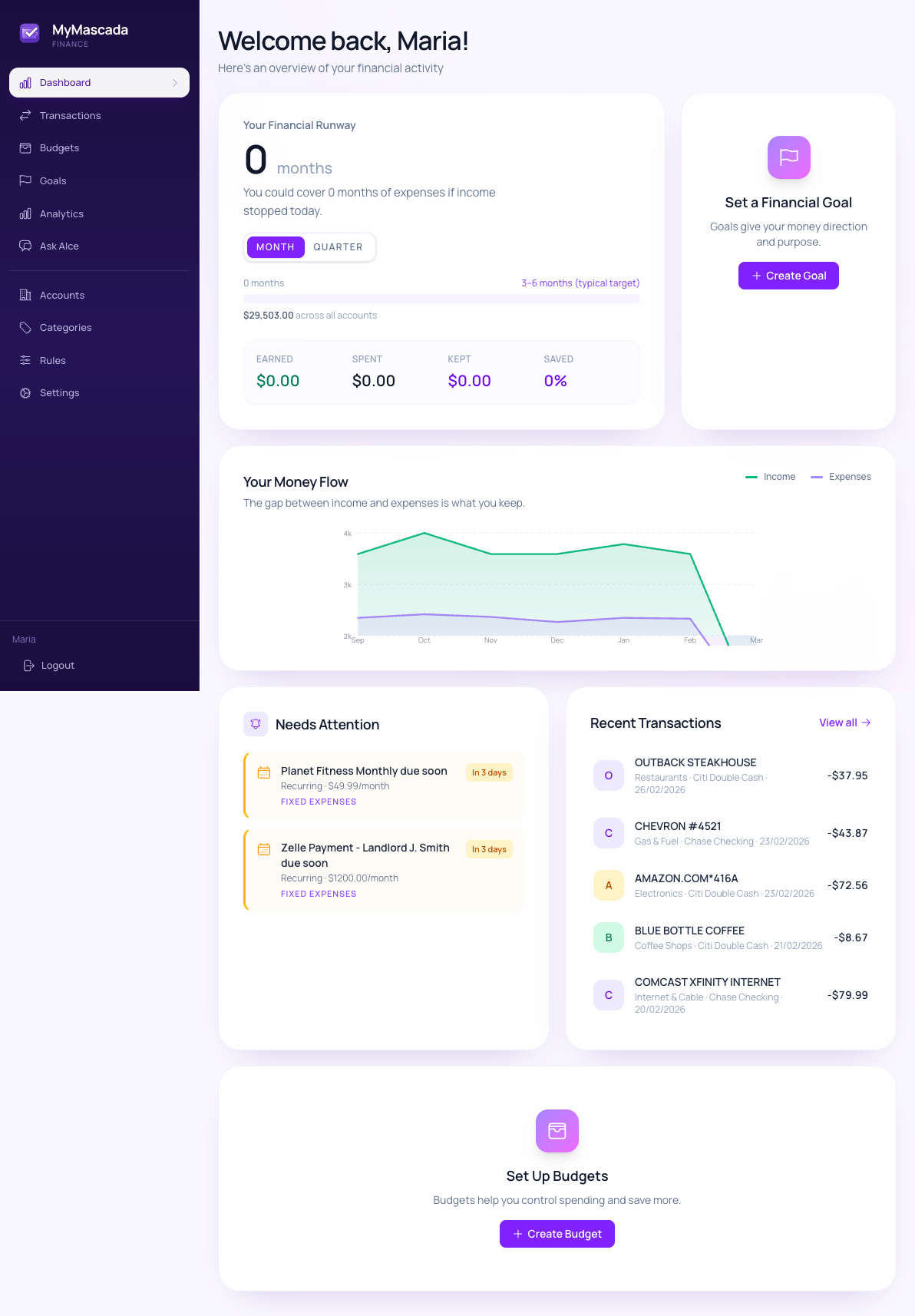 MyMascada dashboard with financial runway, cash flow, and recent transactions